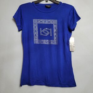 NWT Bebe Womens MED Royal Blue Rhinestone Logo T-Shirt Top Y2K 90s Bling Glam